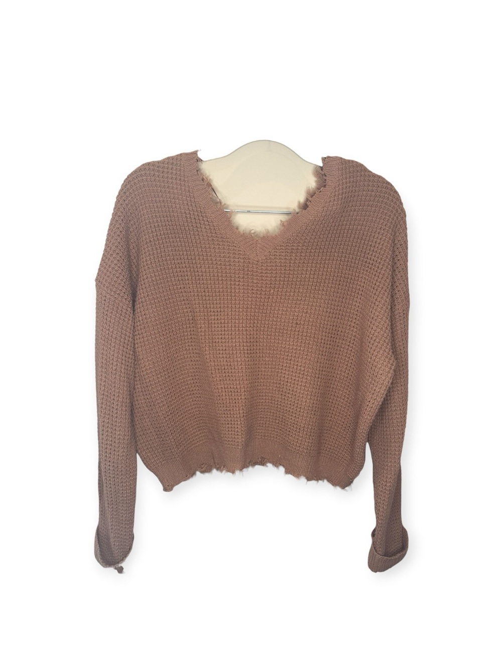 Moon & madison Distressed V-Neck Waffle Knit Sweater - Mauve Size Med